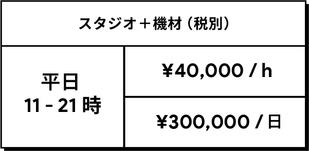 スタジオ＋機材（税別）平日11-21時 ¥40,000/h ¥300,000/日