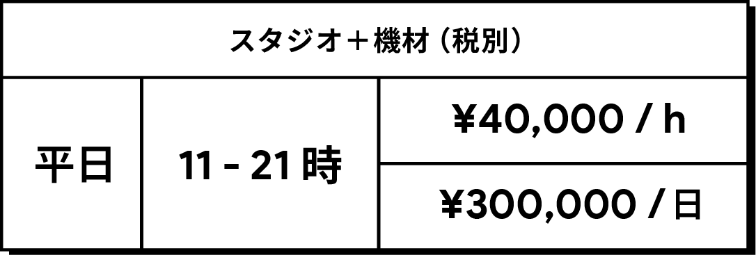 スタジオ＋機材（税別）平日11-21時 ¥40,000/h ¥300,000/日